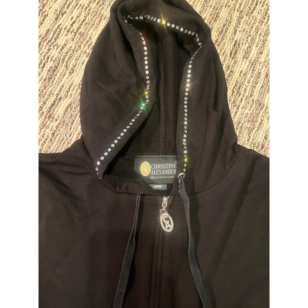Christine Alexander Black Rhinestone Zip Up Hoodie Sweatshirt Large